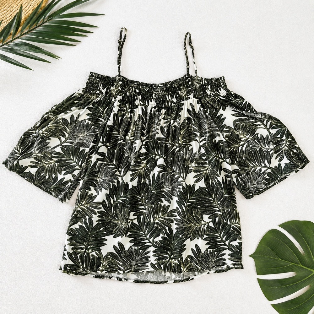 Suzy Shier Women's L Tropical Leaf Print Cold Shoulder Top Stretch Boho Blouse